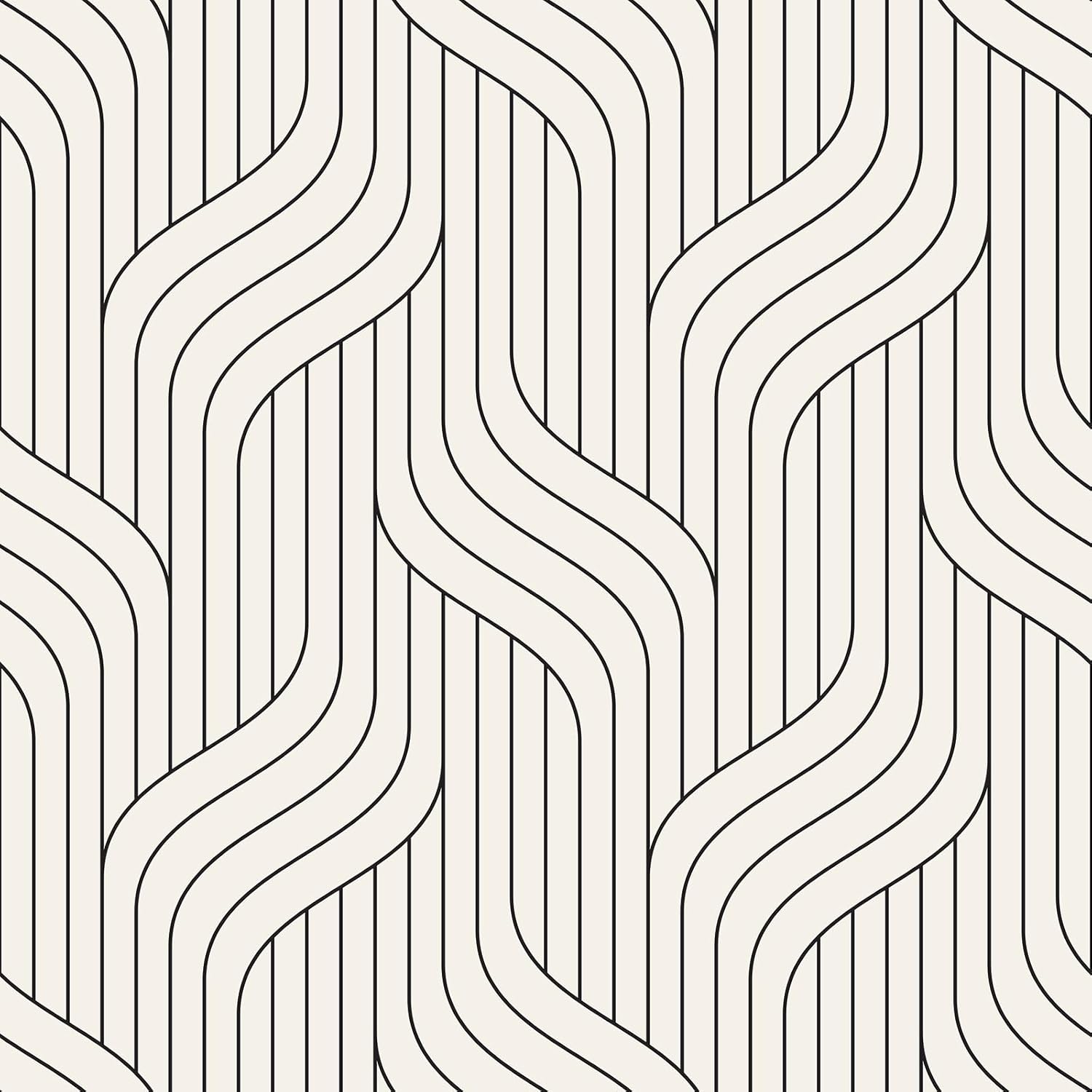 Black and White Contact Paper Modern Striped Peel and Stick Removable Geometric Peel and Stick Wallpaper 17.5″160″ Self Adhesive Wave Stripe Wallpaper for Bathroom Cabinets Liners