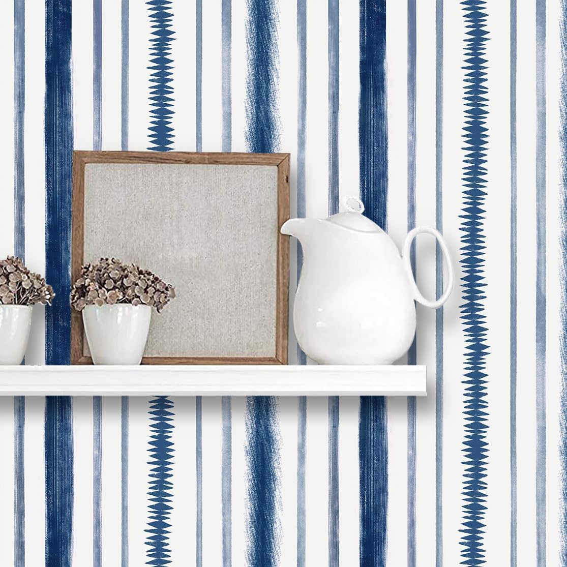 Timeet Blue and White Wallpaper Peel and Stick Wallpaper 17.3 “x 393.7” Line Geometric Stripe Contact Paper Self Adhesive Removable Wallpaper for Bedroom Living Room Decor
